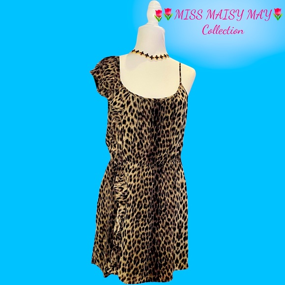 🐆 TOPSHOP Leopard dress, Sz 10, elastic waist, side ruffles, spaghetti straps - Picture 10 of 13